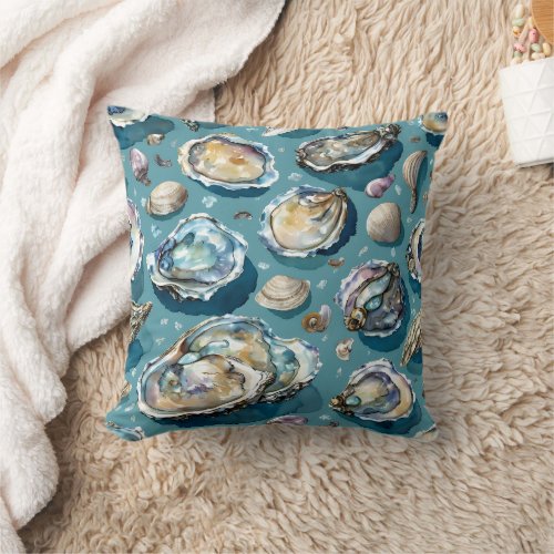 Oysters Clams Seashells Pattern Blue Throw Pillow