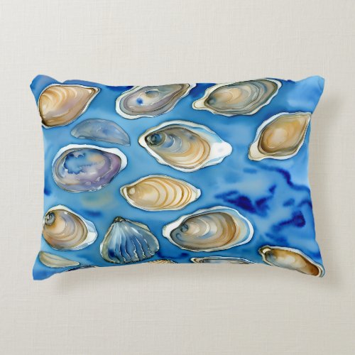 Oysters Clams Seashells Watercolor Blue Accent Pillow