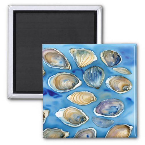 Oysters Clams Seashells Watercolor Blue Magnet