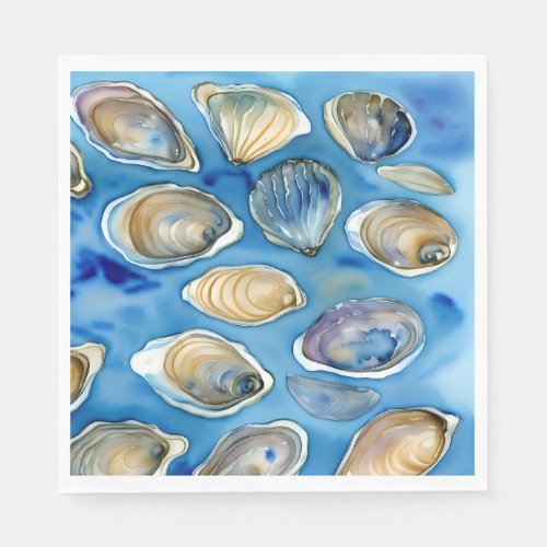 Oysters Clams Seashells Watercolor Blue Napkins