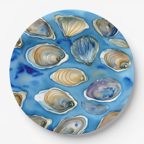 Oysters Clams Seashells Watercolor Blue Paper Plates