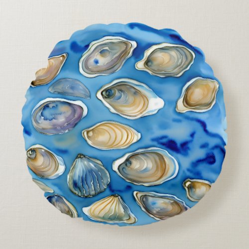 Oysters Clams Seashells Watercolor Blue Round Pillow