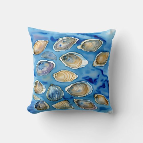 Oysters Clams Seashells Watercolor Blue Throw Pillow