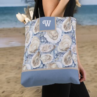 Oysters Delight Blue Gray Tan and Monogram Initial