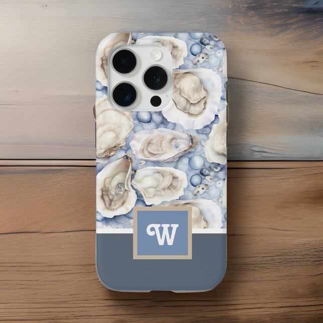 Oysters n Pearls Blue Gray Tan Monogram Initial Case-Mate iPhone Case (Creator Uploaded)