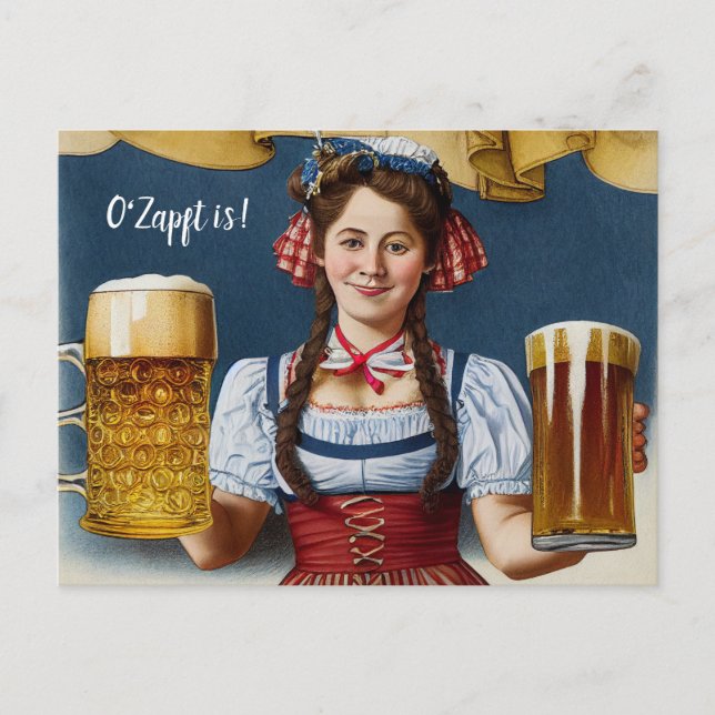 O'Zapft is! Woman in Dirndl with beer. Munich Wies Postcard (Front)