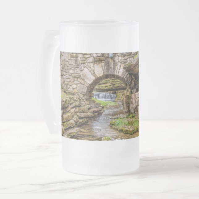 Ozarks Waterfall Under Bridge Frosted Glass Beer Mug (Front Left)