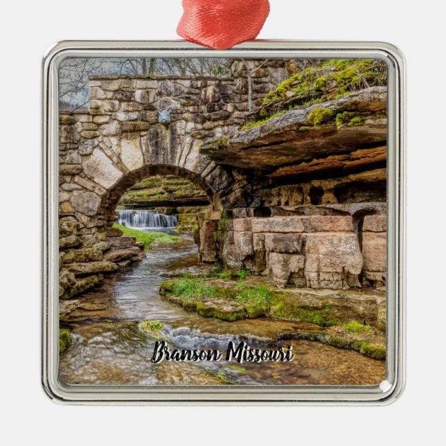 Ozarks Waterfall Under Bridge Premium Ornament (Front)