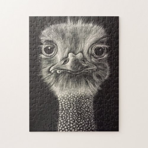 Ozzie Ostrich  Scratchboard Black and White Jigsaw Puzzle