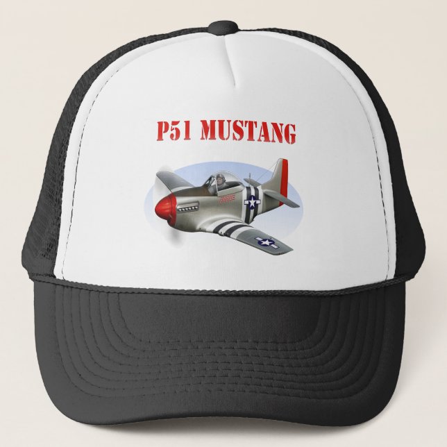 P51 Mustang Silver-Red Plane Trucker Hat (Front)