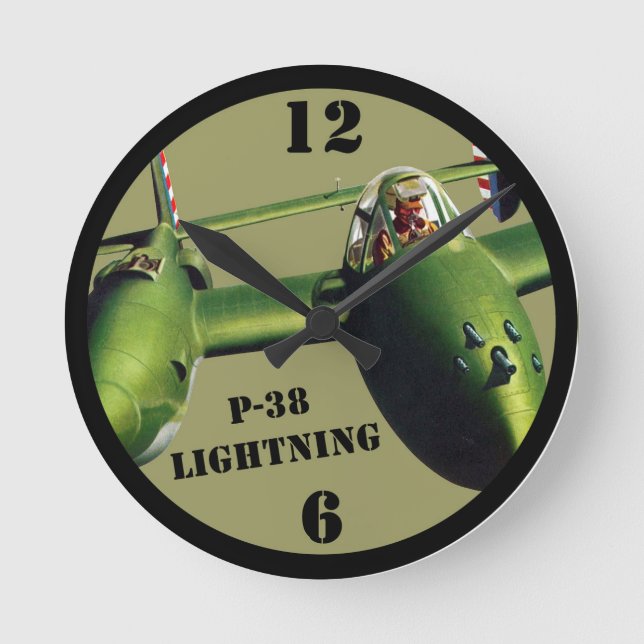 P-38 Lightning in Olive Drab Round Clock (Front)