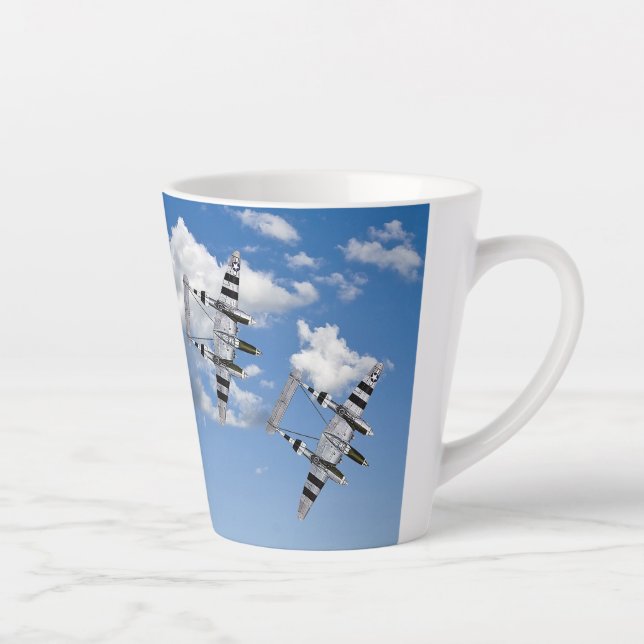 P-38 Lightnings with D-Day Stripes in Clouds Latte Mug (Right)