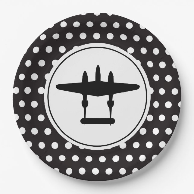 P-38 Silhouette on Polka Dot Background Paper Plates (Front)