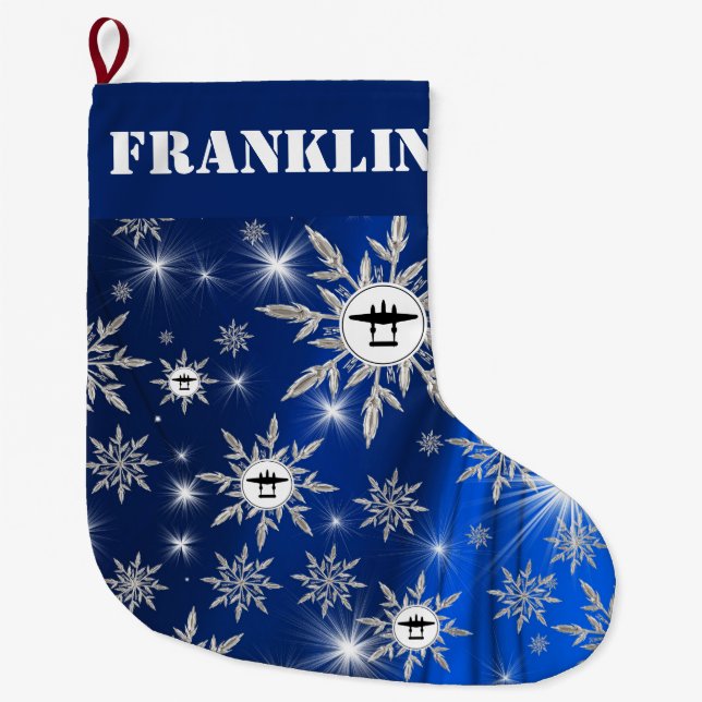 P-38 Silouette on Blue Background & Snowflakes Large Christmas Stocking (Front)