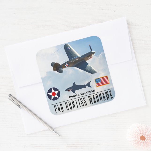 P-40 CURTISS WARHAWK FIGHTER SQUADRON SQUARE STICKER (Envelope)