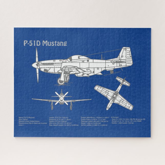 P-51D Mustang - Airplane Blueprint ABD Jigsaw Puzzle (Horizontal)