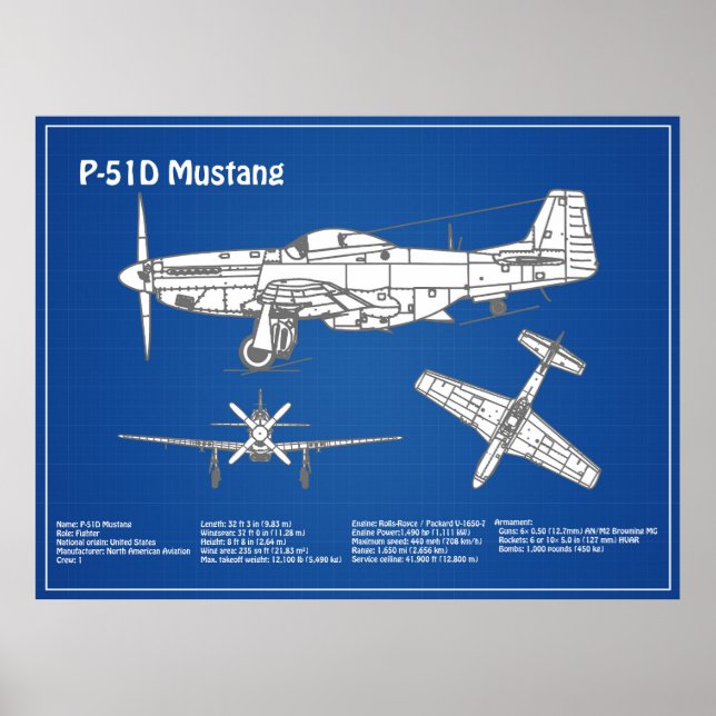 P-51D Mustang - Airplane Blueprint ABD Poster (Front)
