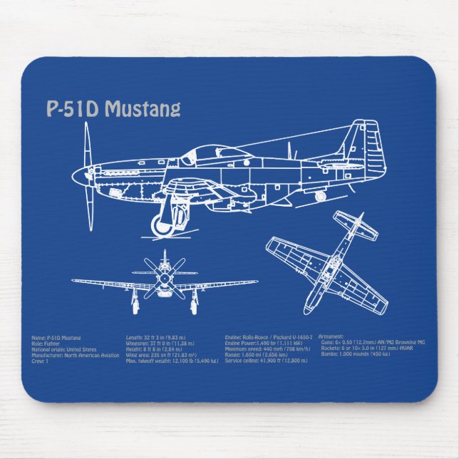 P-51D Mustang - Airplane Blueprint AD Mouse Pad (Front)