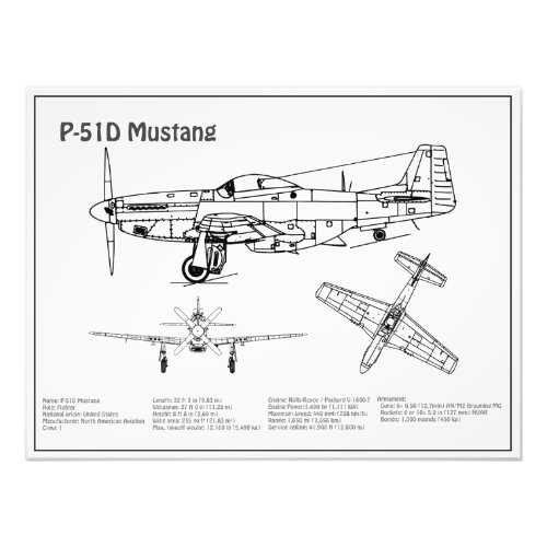 P_51D Mustang _ Airplane Blueprint BD Photo Print