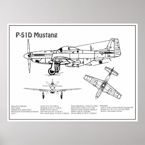 P_51D Mustang _ Airplane Blueprint BD Poster
