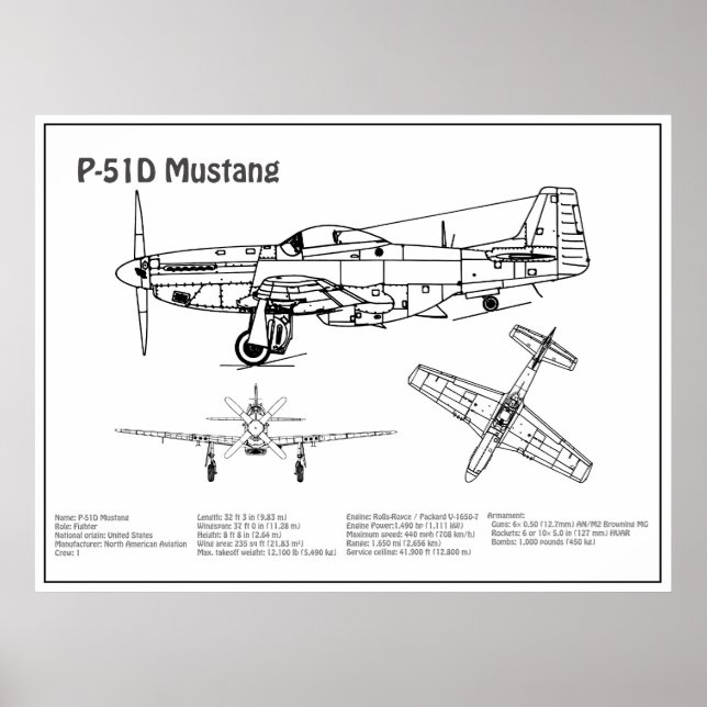 P-51D Mustang - Airplane Blueprint BD Poster (Front)