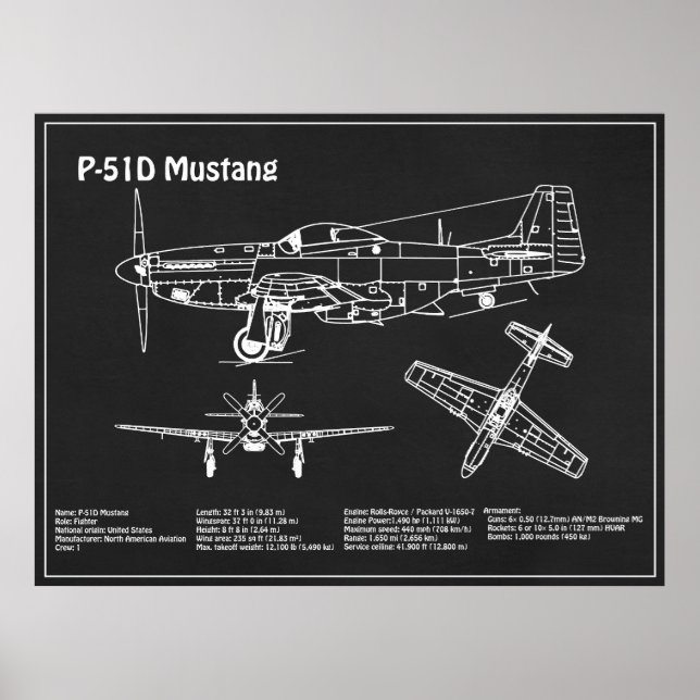P-51D Mustang - Airplane Blueprint PD Poster (Front)