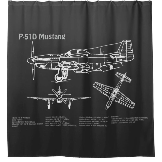 P-51D Mustang - Airplane Blueprint PD Shower Curtain (Front)