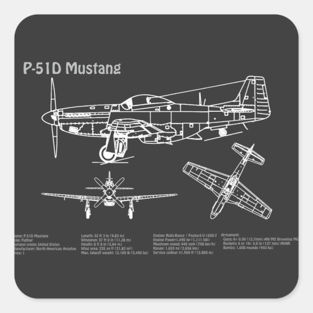 P-51D Mustang - Airplane Blueprint PD Square Sticker (Front)