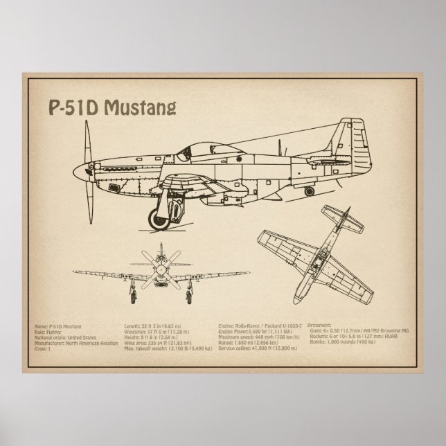 P-51D Mustang - Airplane Blueprint SD Poster (Front)