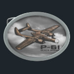 P-61 Black Widow Belt Buckle<br><div class="desc">The P-61 Black Widow was designed specifically for night interception of aircraft, and was the first aircraft specifically designed to use radar.</div>