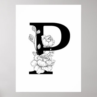 P botanical monogram. Letter initial with peonies Poster
