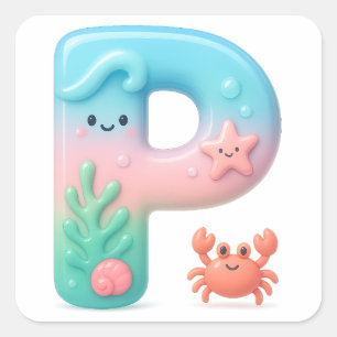 "P" Cute Letter - Underwater Sea Creature Square Sticker