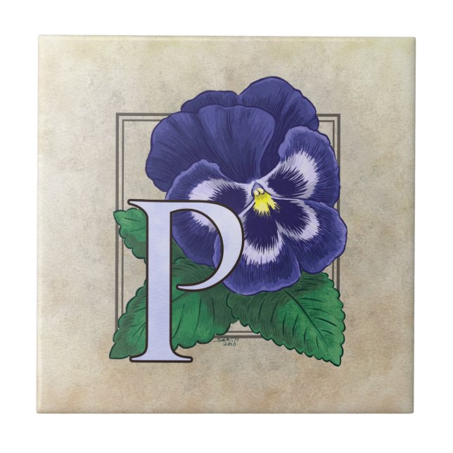 P for Pansy Flower Floral Monogram Ceramic Tile (Front)