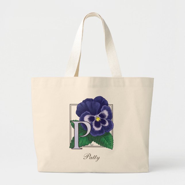P for Pansy Flower Monogram Large Tote Bag (Front)