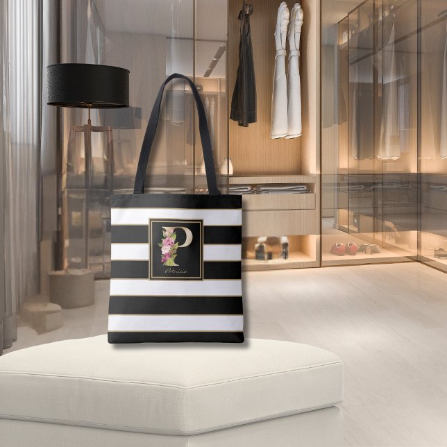 P Gold Floral Monogram | Black White Gold Stripes Tote Bag (Creator Uploaded)
