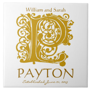 P Gold Monogram on White - Names Wedding Date Tile