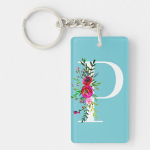 P Letter Initial Monogram Floral Custom Color Keychain