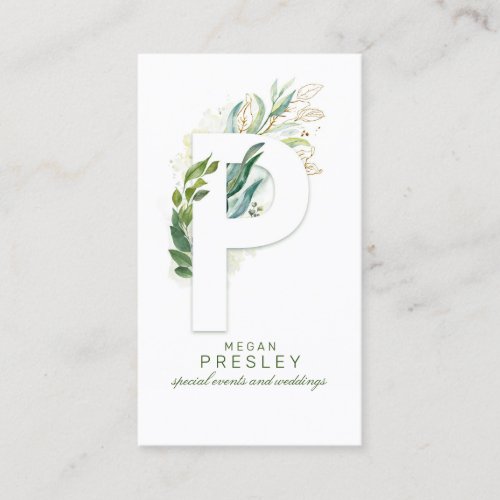 P Letter Monogram Gold Greenery Leaves Elegant Business Card
