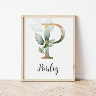 P Letter Monogram Greenery Nursery Name Wall Print