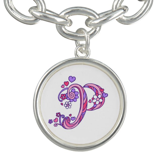 P letter monogram heart flower pink art charm charm bracelet (Design)