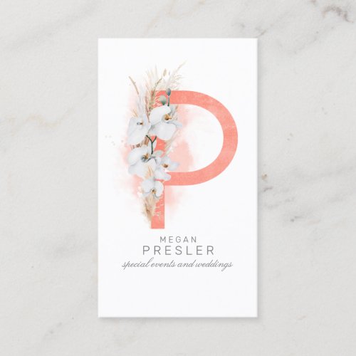 P Letter Monogram White Orchids and Pampas Grass Business Card