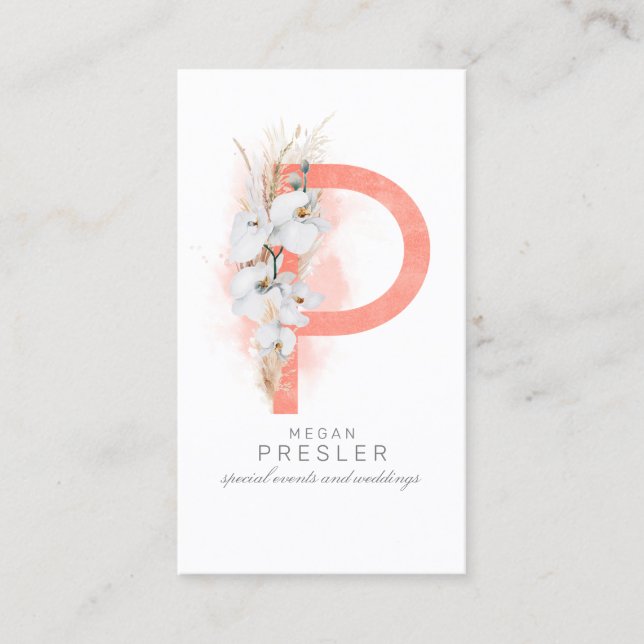P Letter Monogram White Orchids and Pampas Grass Business Card (Front)