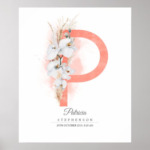 P Letter Monogram White Orchids and Pampas Grass Poster