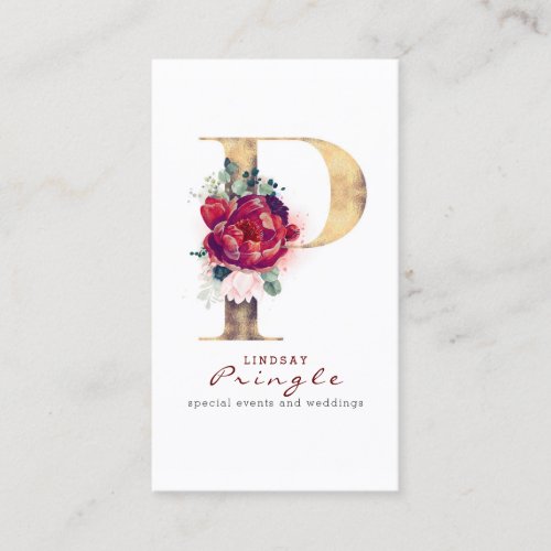 P Monogram Burgundy Red Flowers and Gold Glitter Business Card