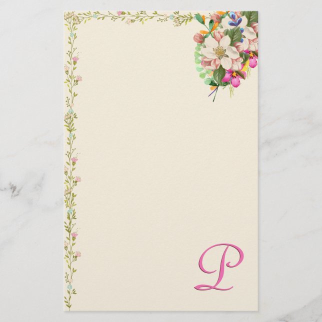 P Monogram Floral Bouquet Stationery (Front)