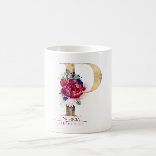 P Monogram Floral Burgundy Red and Navy Blue Coffee Mug