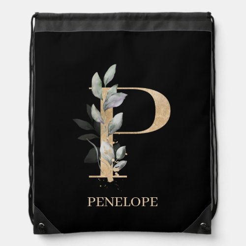 P Monogram Floral Personalized Drawstring Bag
