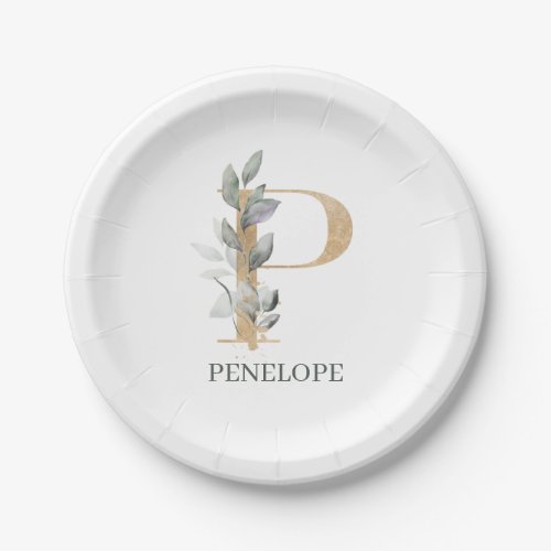 P Monogram Floral Personalized Paper Plate