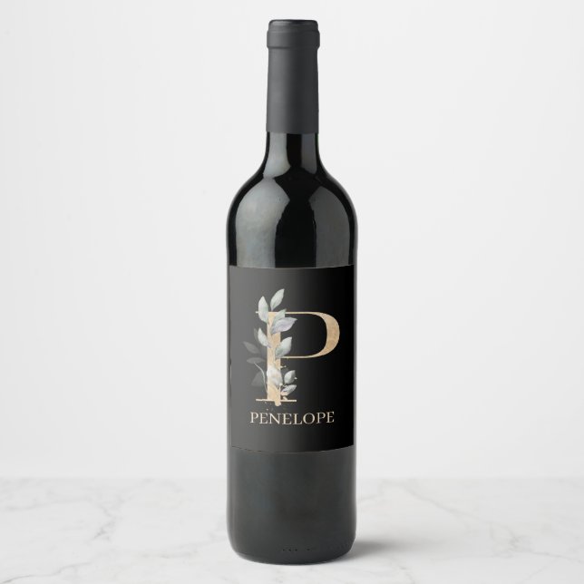 P Monogram Floral Personalized Wine Label (Front)
