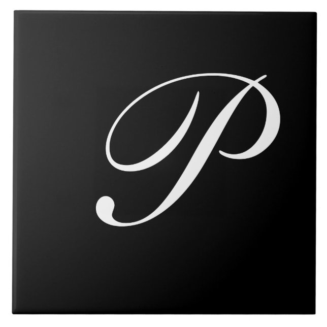 P Monogram Initial White on Black Ceramic Tile (Front)